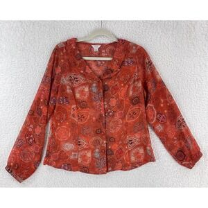 Christopher & Banks Orange Paisley Sheer Chiffon Button-Front Shirt Womens Small